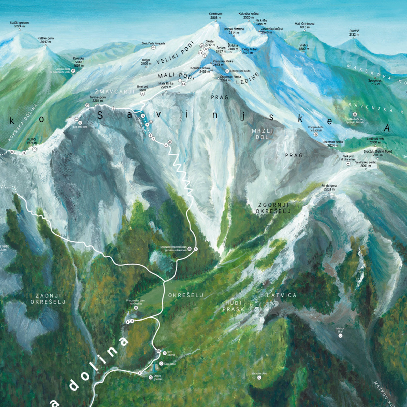 Illustrated map of hiking trails in Logarska Valley