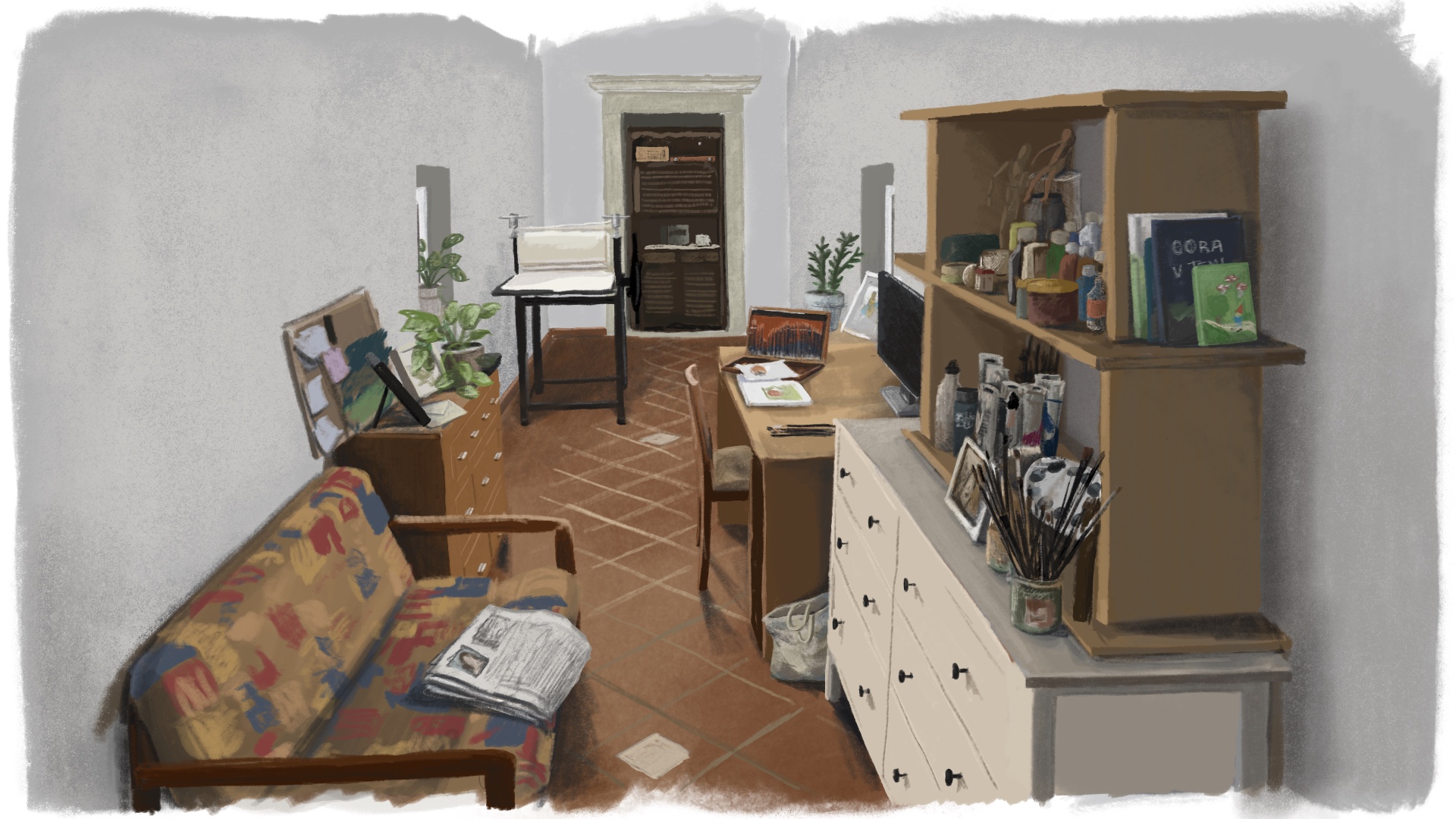 Illustrated studio workspace